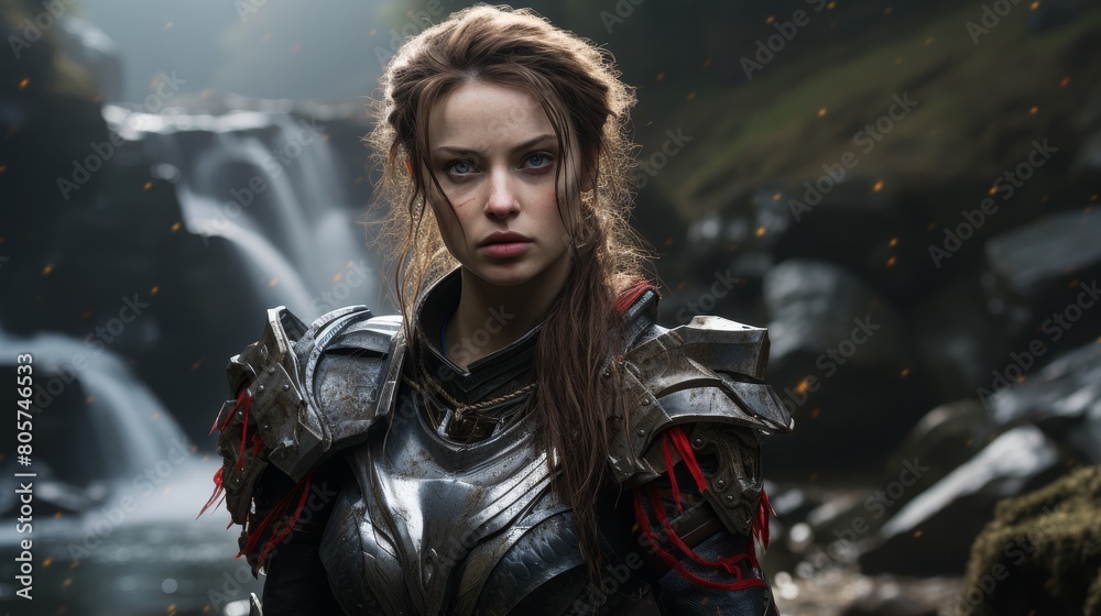 Fierce female warrior in armored costume