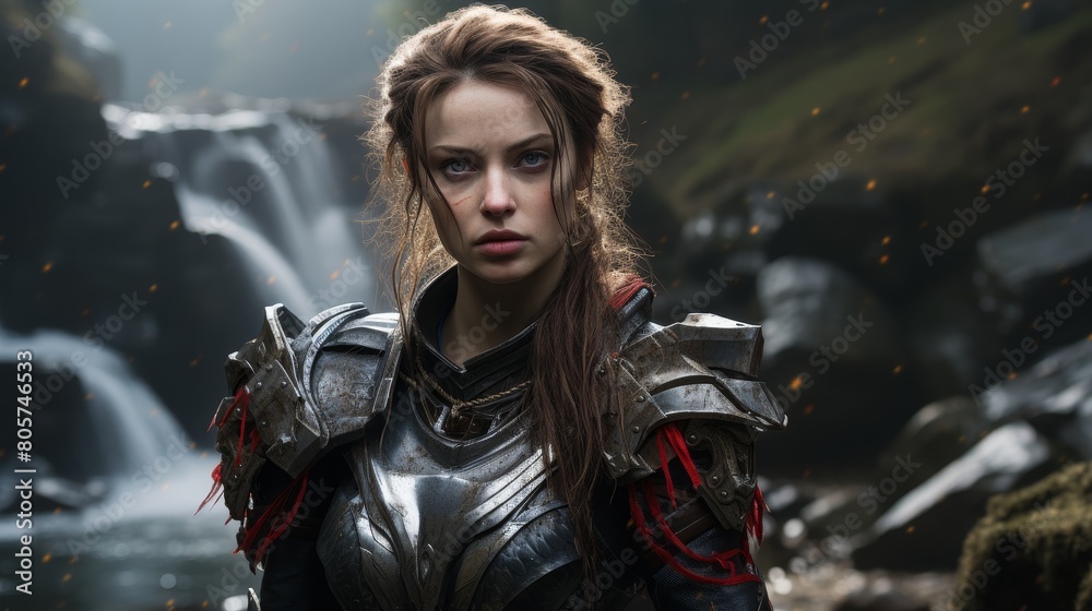 Obraz premium Fierce female warrior in armored costume