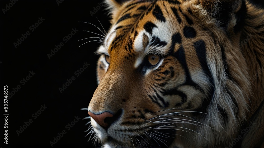 Fototapeta premium Close up of tiger on black background with copy space for text.