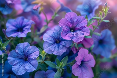 A close shot of petunia flower with blue and pink combination with a big blurry backdrop for text or product advertisement background, Generative AI. © Electro Unicorn