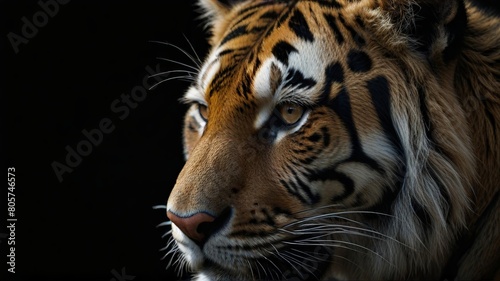 Close up of tiger on black background with copy space for text.