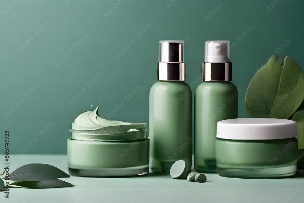 environmentally friendly cosmetics line with green color, copy space , makeup, skin care items environmentally friendly cosmetics line with green color, copy space , makeup, skin care items