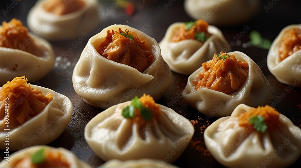 Georgian dumplings khinkali with chicken meat on a wooden background Georgian dumplings khinkali with chicken meat on a wooden background