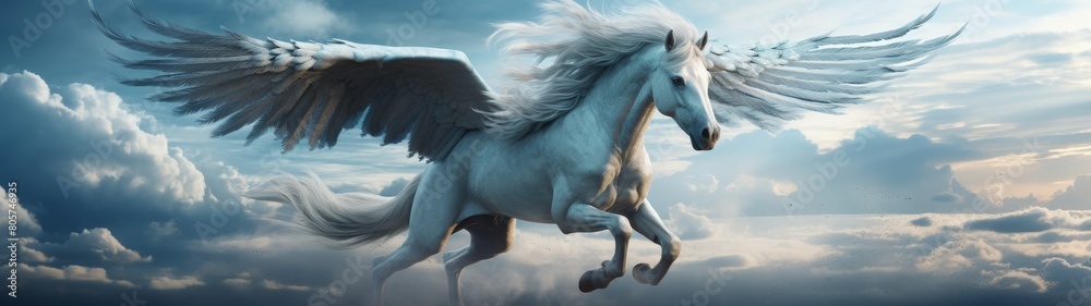majestic winged horse soaring through cloudy sky