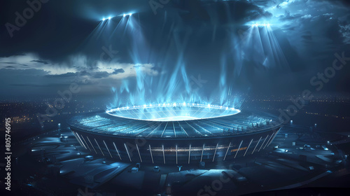 Aerial view of football stadium with light shining up to the cloud.Opening ceremony atmosphere of Oympic or football event.