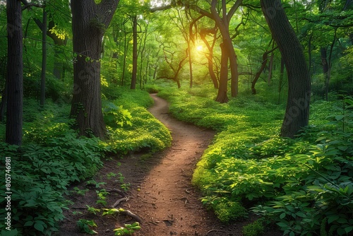 A dirt path winds through a lush green forest