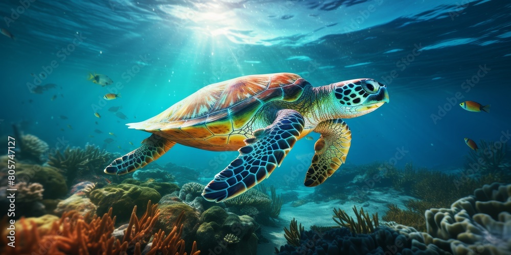 Vibrant underwater sea turtle swimming in coral reef