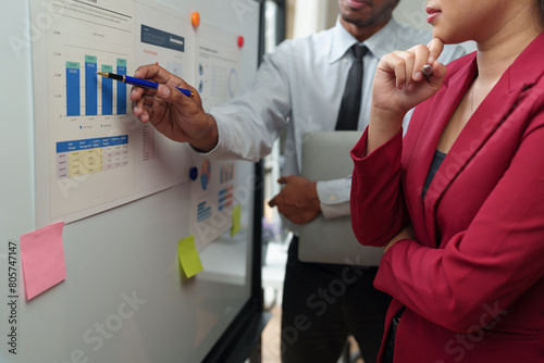 An operations manager presents a meeting to a team of economists using a whiteboard with growth analysis, charts, statistics, and data. Worker concept in a startup business office.