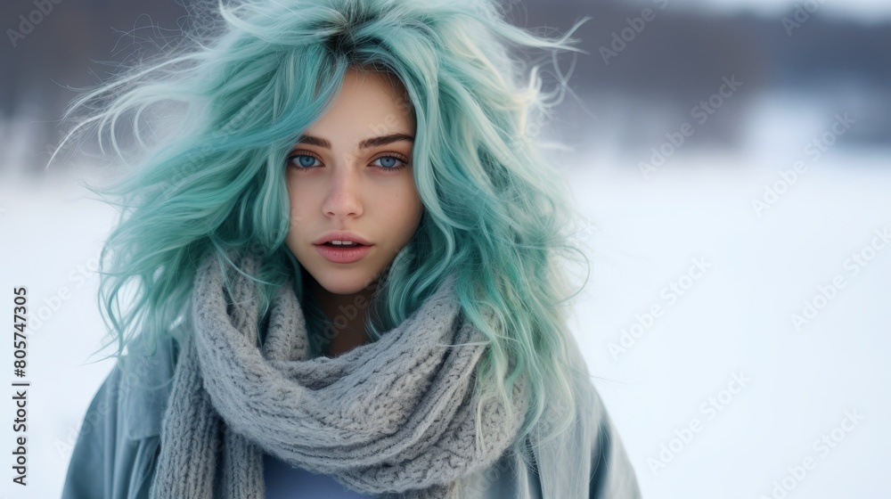 Colorful hair woman in winter Colorful hair woman in winter