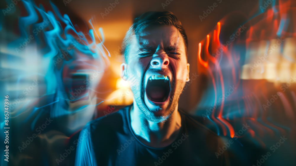 A man's face contorted in a scream