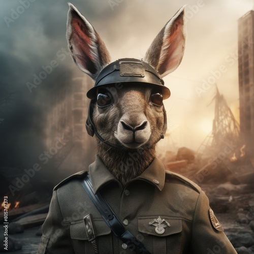 Brave military rabbit in uniform