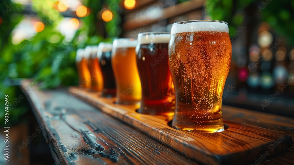 Craft beer flight on wooden paddle, brewery vibes, hops and barley background Craft beer flight on wooden paddle, brewery vibes, hops and barley background