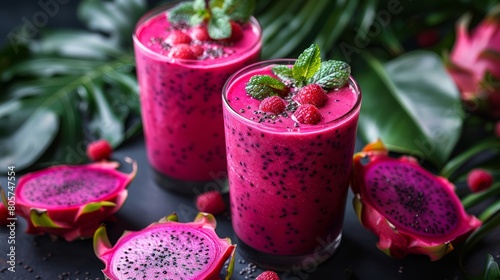Exotic dragon fruit smoothie, vibrant pink, tropical leaves backdrop