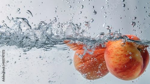 Two peaches gently float in water, creating a beautiful and refreshing image.