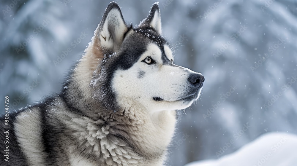 Majestic siberian husky in snowy winter landscape