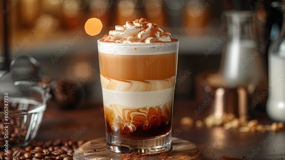 Caramel macchiato, creamy layers, coffee lover's dream