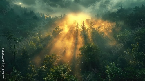 The sun rises over a misty forest, casting long shadows through the trees. The scene is peaceful and serene, with only the sound of birds singing in the distance.