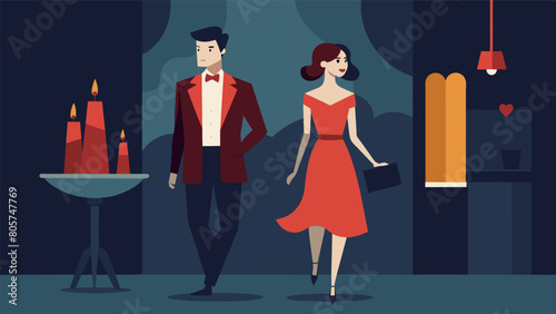 Donning thrifted blazers and dresses the couple heads to a nearby restaurant for a romantic candlelit dinner.. Vector illustration