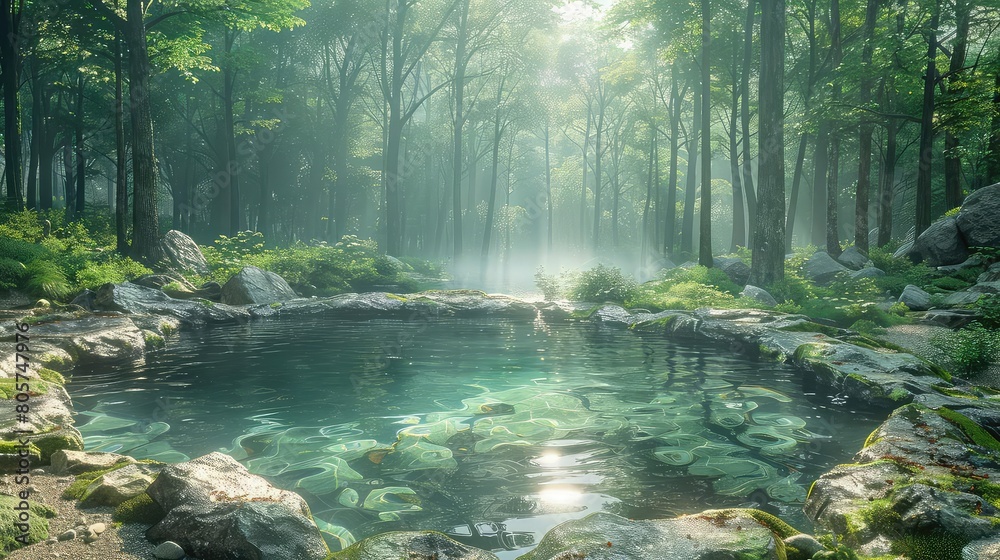 Obraz premium Generate a photo of a beautiful and serene natural setting. The image should feature a crystal clear pond surrounded by lush greenery and a variety of unique rock formations.
