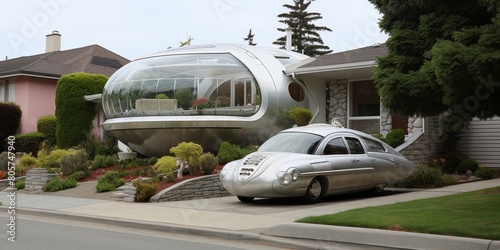 futuristic home with glass bubble and retro car