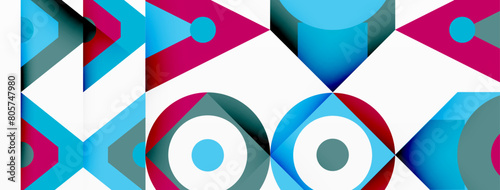 Vibrant geometric pattern with arrows and circles in aqua, magenta, and azure shades. A textile art masterpiece on a white background, featuring colorful rectangles and intricate designs