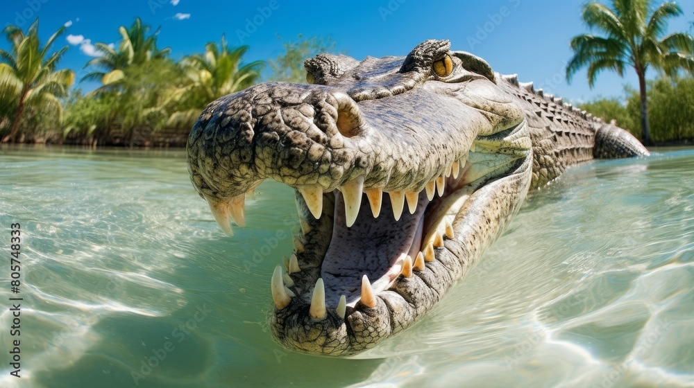 Fototapeta premium Ferocious crocodile with open mouth in tropical waters