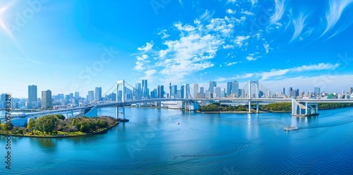 panoramic skyline view of Tokyo Tower and Rainbow Bridge with cityscape in Odaiba Japan
