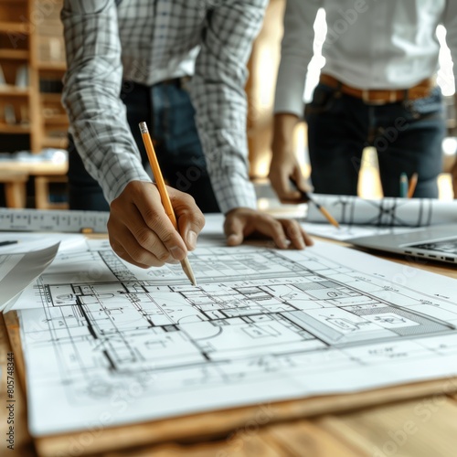 A designer architect writes a sketch plan on a sheet of paper on an office desk, paying attention to details for a construction project