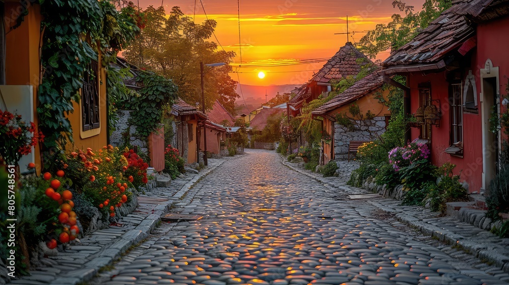 Fototapeta premium A beautiful cobblestone street in a small village
