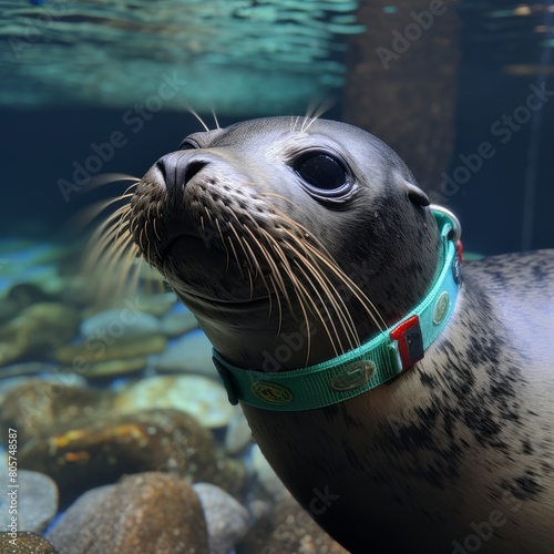 Curious seal with green collar in aquarium photo