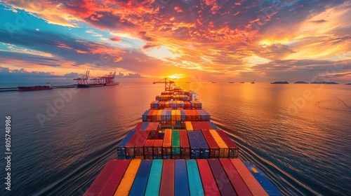 a stack of Logistics and transportation of international container cargo ship at port at sunset time, Freight , shipping, nautical vessel concept