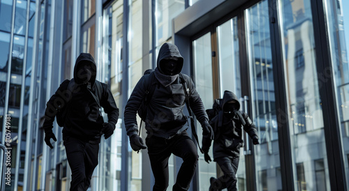 robbers in black hoodies and ski masks running out of an office building with backpacks photo