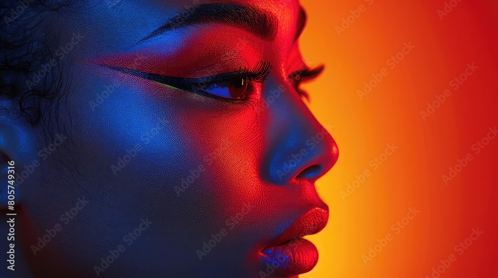 Enhance the beauty of this woman's face with creative lighting and makeup. Make her look like a fashion model.