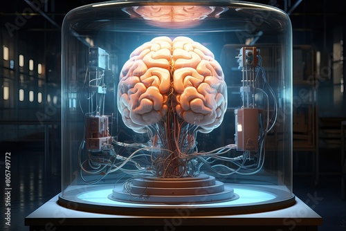 Cloned human brain with wires connected to it. The human brain in the laboratory for creating artificial intelligence. Attempts to explore and improve the abilities of the human brain. photo