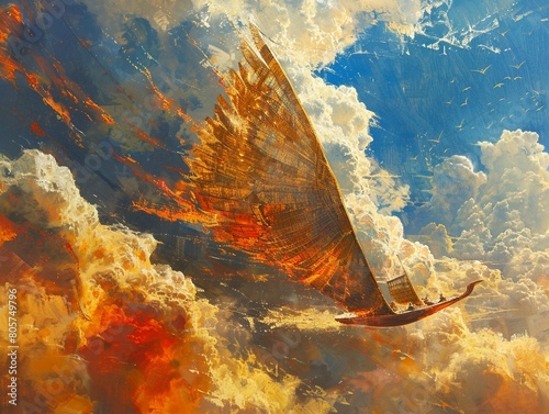 Bird seye view of Ra in his sun boat, crossing the vividly painted sky , high resolution photo