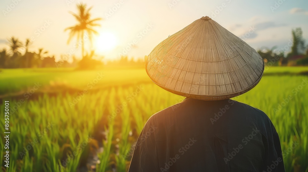 A sense of tranquility envelopes the rice field as an Asian woman, adorned with a radiant smile, stands amidst the bountiful harvest, her labor a source of pride