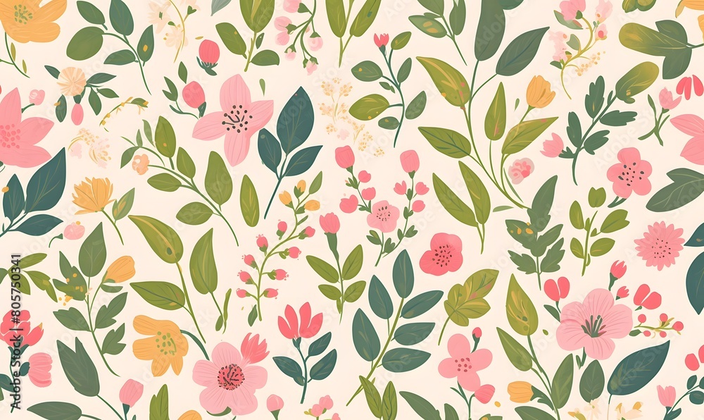 Pink flower green leaf pattern, Generative AI Pink flower green leaf pattern, Generative AI