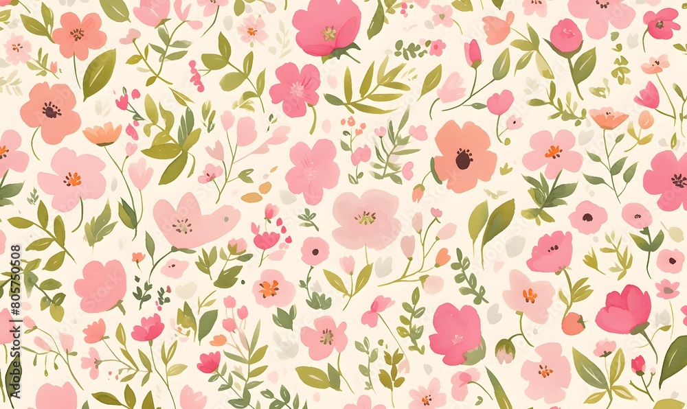 Pink flower green leaf pattern, Generative AI Pink flower green leaf pattern, Generative AI