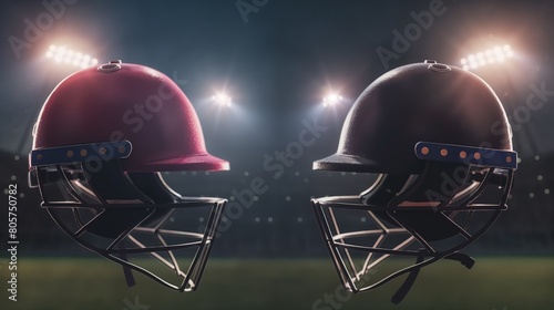Two cricket helmets are positioned opposite each other on the cricket field. stadium lighting. Cinematic lighting. cricket ground, Sporty