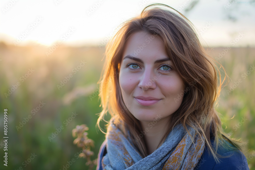  woman is standing in a field of tall grass. She is smiling and looking at the camera