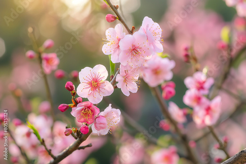 A close-up of a branch of pink cherry blossoms against a blurred background of blue sky and ocean.

