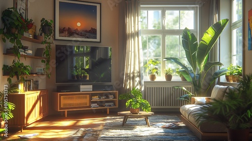 photorealistic depiction of a living room without a splash in a comfortable, well-lit house