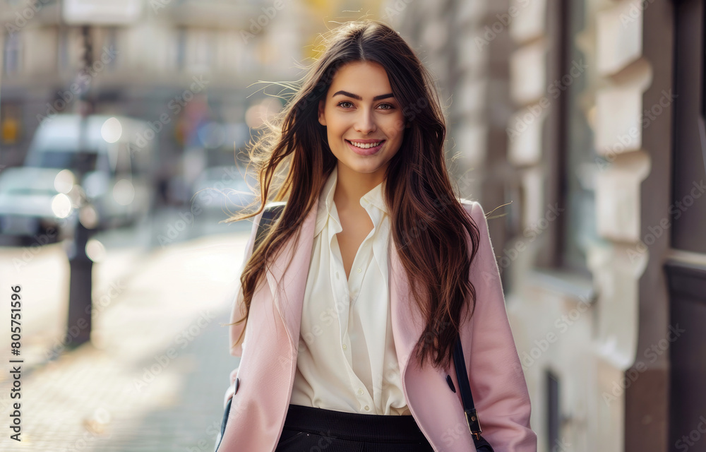 A beautiful woman with long hair, wearing a white blouse and black skirt with a pink coat over her shoulders, is smiling at the camera while holding a handbag in one arm