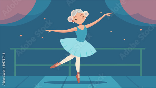 An older woman who always dreamed of being a ballerina finally gets to live out her dream as she takes her place at the barre.. Vector illustration