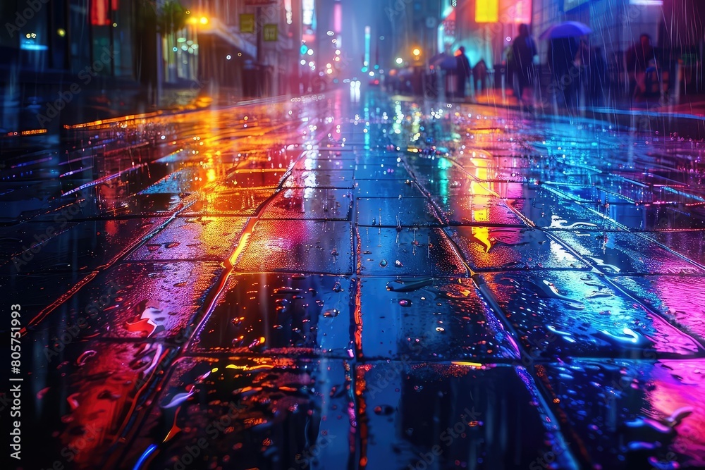 City street with colorful lights reflecting off wet pavement.