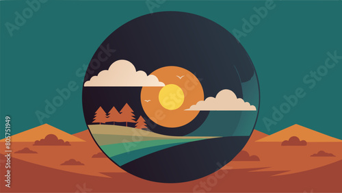 One record sleeve features a photograph of a landscape with the bands name written in the sky with a cloudlike font. Vector illustration