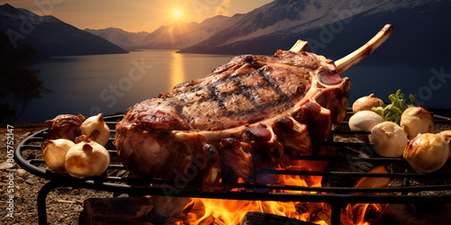 Lamb chops on grill with glowing campfire lambrecipes campfiregrill sun on a background
 photo