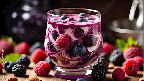 Wooden Table, Glass of Raspberry Mojitos, recipe for mixed-berry infused water Juice from fresh berries, fresh juice from berries, fresh juice from berries isolated on a dark background,