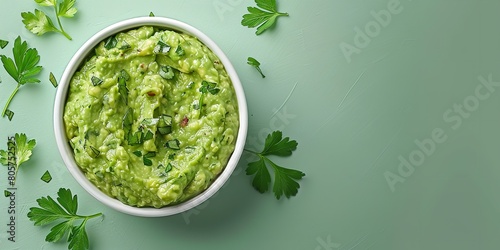 Guacamole is a refreshing avocado dip sauce prepared in a lovely white dish with an ounce of parsley over a green backdrop and space, Generative AI. photo