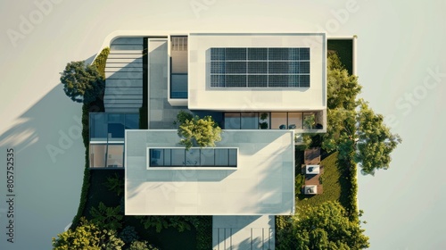 An aerial view of a modern eco friendly house nestled among lush greenery forest